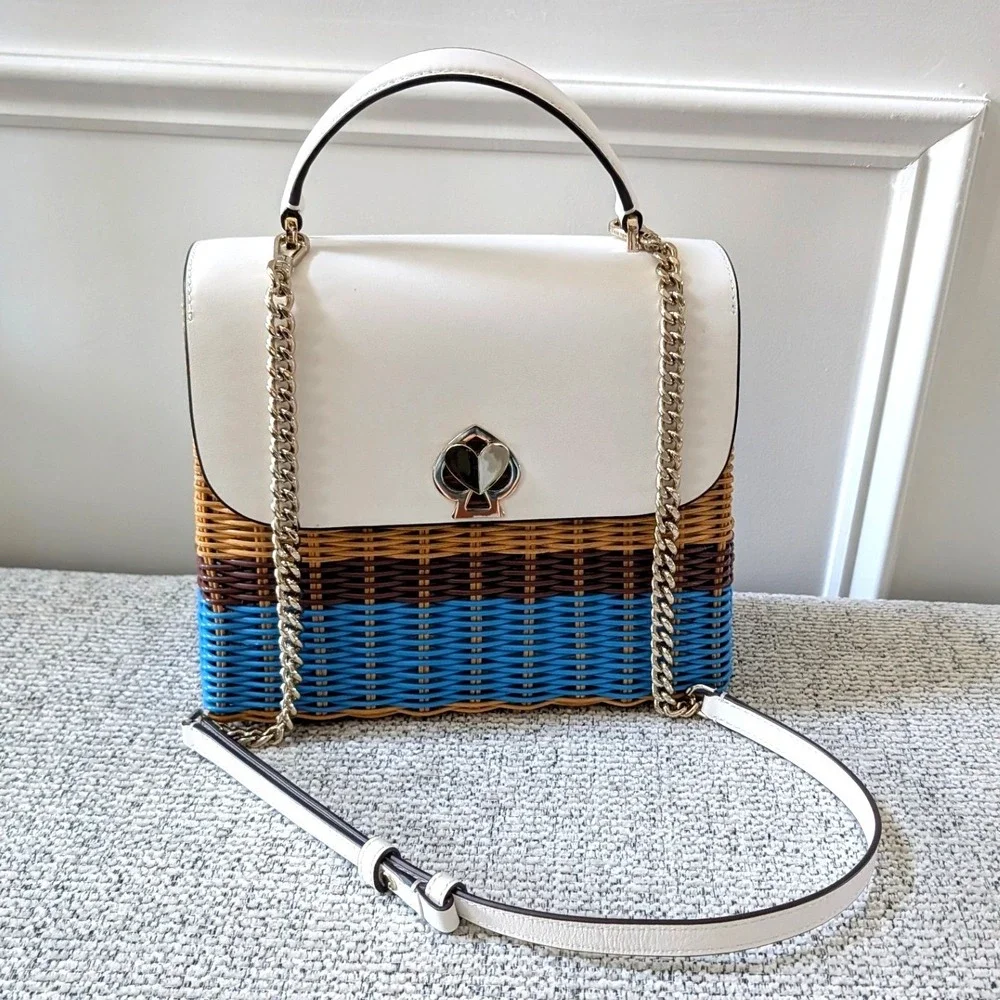 Kate Spade Romy Wicker Medium Top Handle Bag White Blue Woven